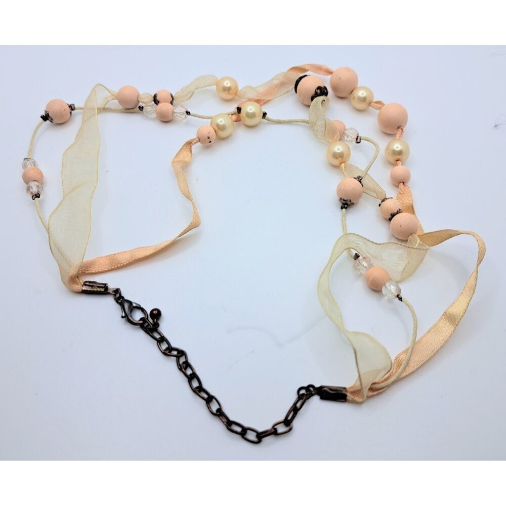 Women's Peach Beige Bead Ribbon Necklace Beads‎